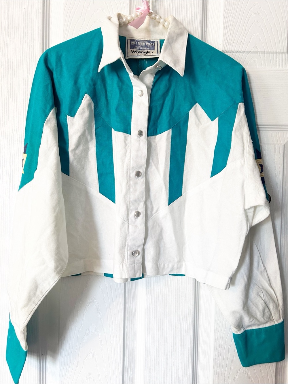 Vintage Wrangler Western Wear Turquoise Cotton Tassel Rodeo Cropped Shirt- Sz L